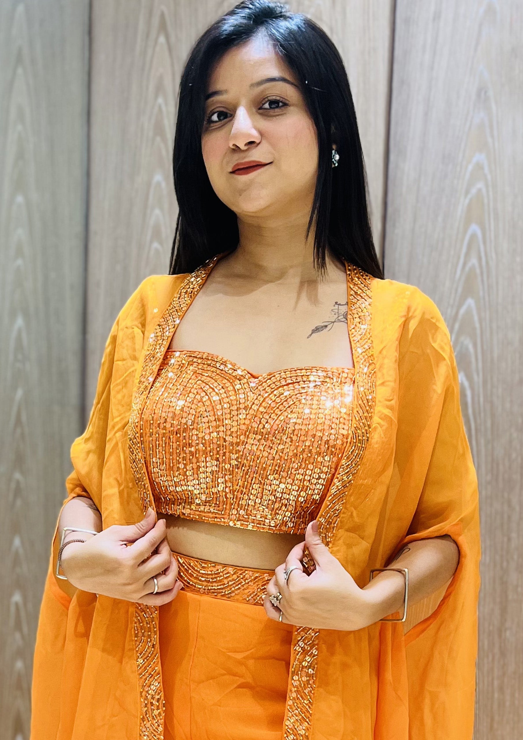 Yellow Color Georgette Hand Work Palazzo Choli With Shrug